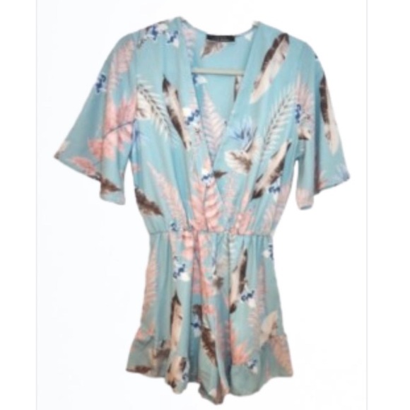 Pink Lily Blue Blush Pink and Blue Floral Romper with Wrap Top - Picture 3 of 9